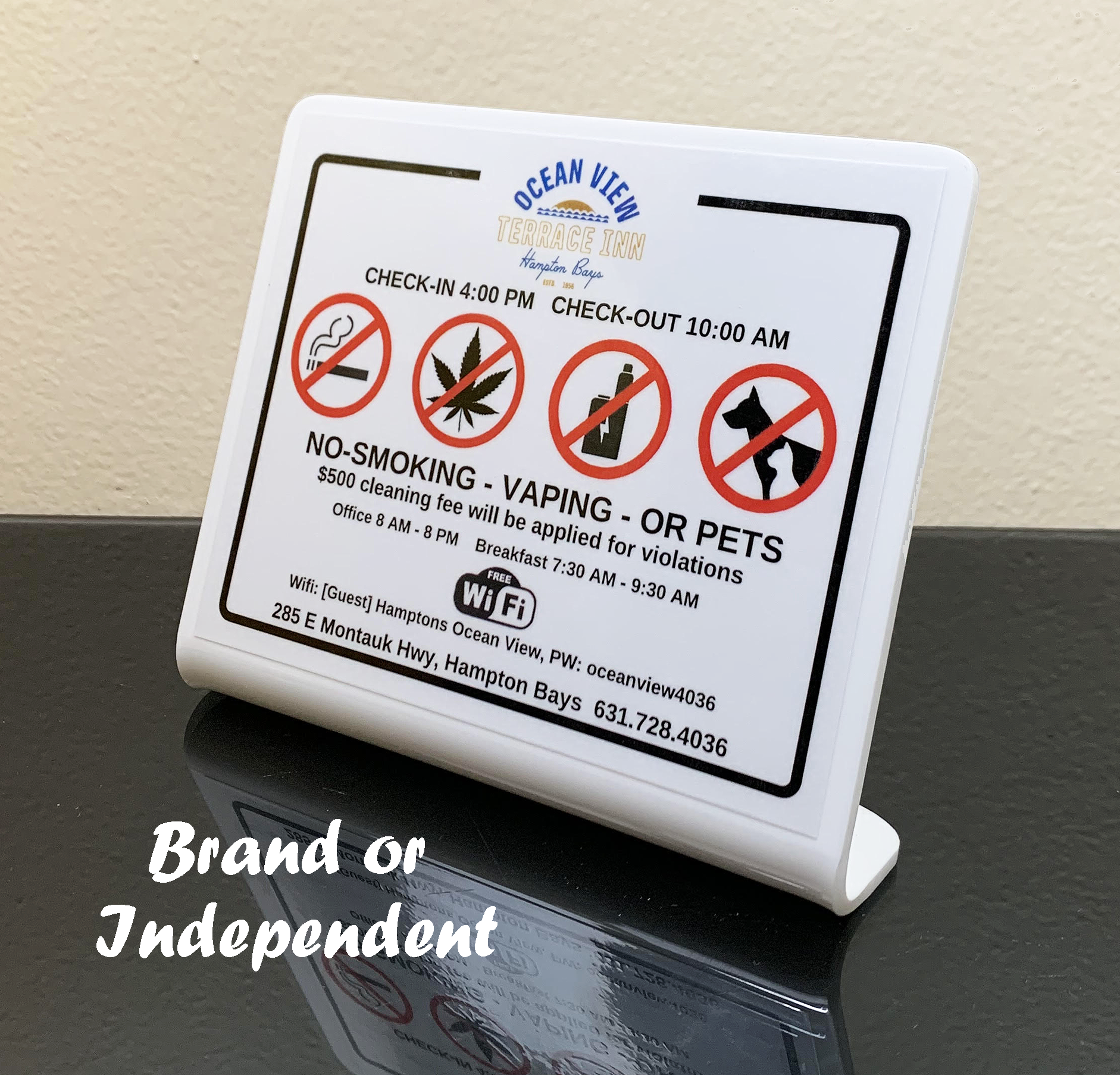 Hotel Room Signs No Smoking, No Vaping No Pets with hotel logo