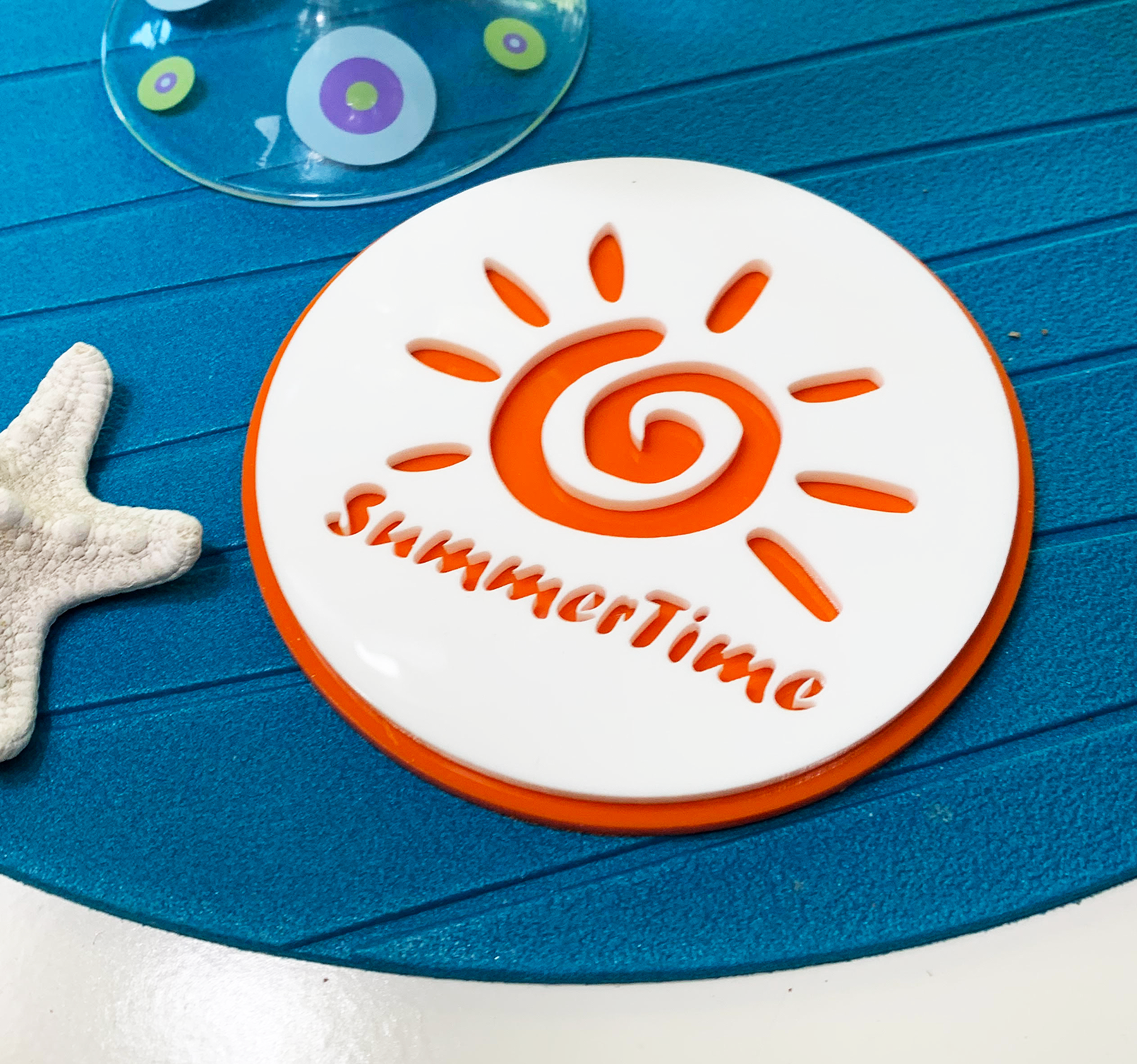 Summertime Acrylic Coaster Set Of 4 - Featuring Sun & Summertime Laser  Cut Image, Cork Bottom