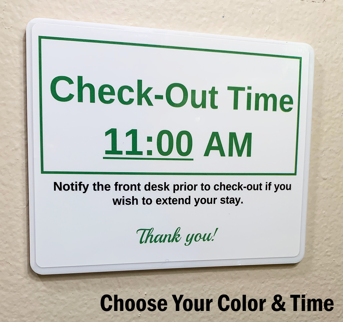 Hotel Room Signs - Check-Out Time Wall Sign - Choose Your Color 